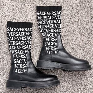 Versace Logo Sock Boots Black Leather Platform Boots Size 35